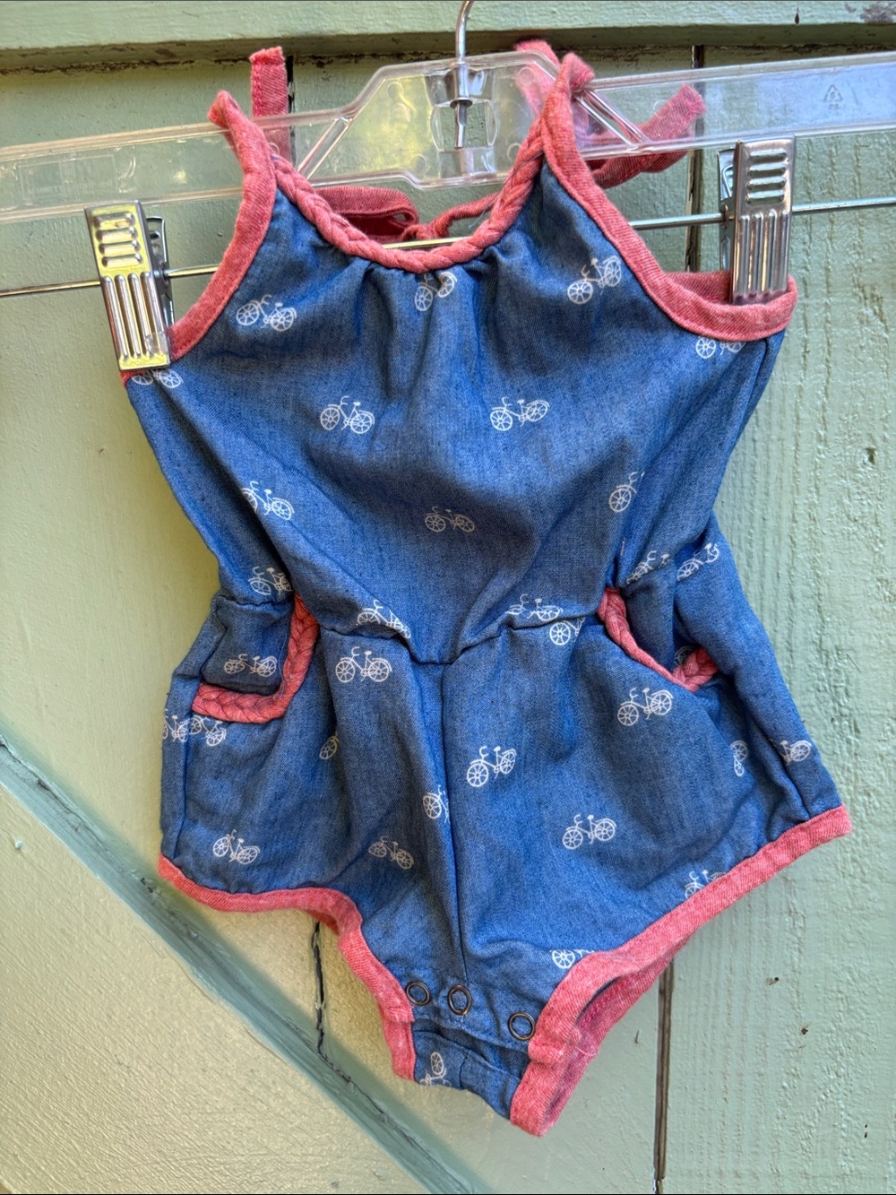 Miki Miette Blue Bicycle Print Romper with Pink Trim 6m